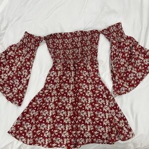 Burgundy and white floral off the shoulder dress #cottagecore